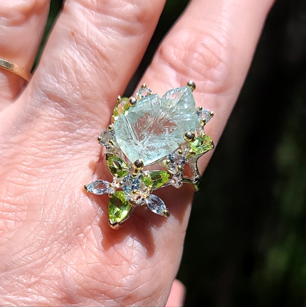 ✨️HOST PICK! RARE Leaf cut Aquamarine 22k Peridot & Topaz finger cuff sz8.25✨️ - Picture 3 of 11